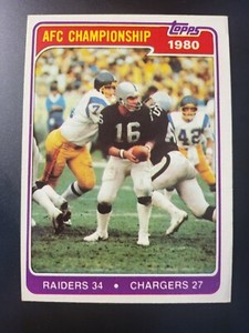 1981 Topps Jim Plunkett AFC CHAMPIONSHIP CHARGERS RAIDERS card #493.