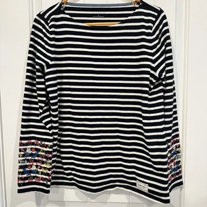 Talbots Cotton Navy Blue Striped Floral Embroidered Sleeve Cuffs Size Medium - Picture 1 of 7