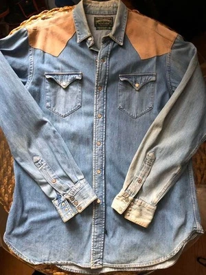 Vintage Polo Ralph Lauren Country Suede Yoke Denim Western Shirt USA Made L Used - Image 1 of 4