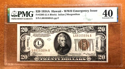 1934A Fr#2305 $20 Federal Reserve Note Brown Seal "HAWAII" Emergency WWII, PMG40 - Image 1 of 2