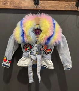Girls Princess elite denim Jean jacket rainbow Faux Fur Collar Size 2-3 Pride - Picture 1 of 10