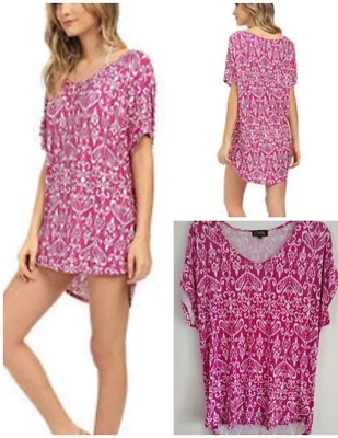 Athena Sand Tropez Ikat Tunic Top Beach Coverup M Raspberry Stretch NWOT - Image 1 of 3