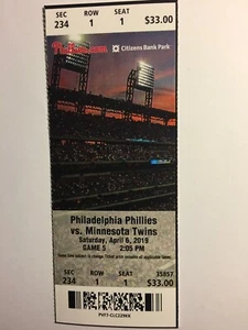 BIGLIETTO STUB PHILADELPHIA PHILLIES VS MINNESOTA TWINS 7 APRILE 2019 - Foto 1 di 1