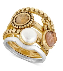 Lucky Brand Druzy Stone Faux Pearl Stacked Rings Sz 7 Gold & Silver Tone 4pc Set - Picture 1 of 5