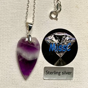 AMETHYST CHEVRON HEART PENDANT WITH 925 STERLING SILVER BAIL AND CHAIN, STAMPED - Picture 1 of 8