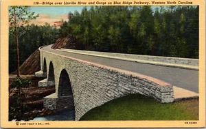 Postal de lino Bridge Linville River & Gorge Blue Ridge Parkway Carolina del Norte - Imagen 1 de 2