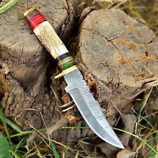 10” Vintage Damascus steel Hunting Fixed Blade Knife Stag Antler Handle Sheath