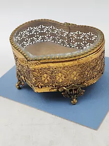 VTG Gold Filigree Metal Ormolu Trinket Jewelry Box Heart Casket Beveled Glass 5" - Picture 1 of 11