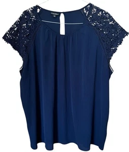 Roz & Ali Navy Blue Blouse Top Womens Size 3X Round Pleated Neck Flutter Sleeve - Picture 1 of 8