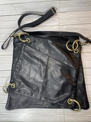 Vera Pelle Italy Black Leather Purse Gold Grommet Crossbody Bag Convertible READ - Image 1 of 4