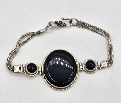 Brazalete grande de plata 925 con piedras preciosas de ónix negro doble cadena cierre de gancho en S Foto 1 de 4