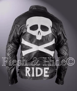 Chaqueta de cuero de vaca genuino negra con calavera y huesos para montar moto doble ciclista - Imagen 1 de 7