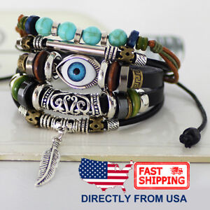Tribal Evil Eye Synthetic Turquoise Unisex Men Women Leather Wristband Bracelet 
