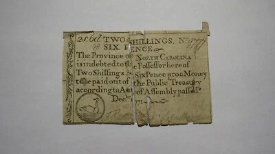 1771 2 Shillings 6 Pence North Carolina NC Colonial Currency Bank Note Bill 2s6d - Image 1 of 2