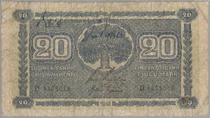 FINNLAND BANKNOTE 20 P86 1945 aVF 1/24 SIG TYPES LITT B - Bild 1 von 2