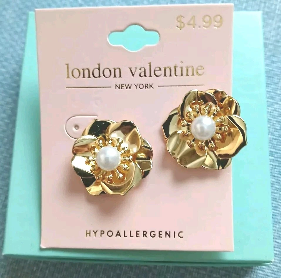 Flower Stud Pearled Goldtone Earrings: london Valentine Hypoallergenic/New - Image 1 of 2
