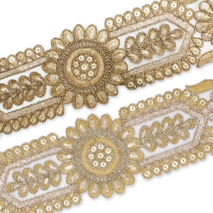 2.5" Sunflower Sequin Metallic Embroidered Mesh Floral Lace Trim - Picture 1 of 7