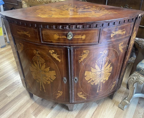Antique Dutch Marquetry Inlaid Walnut 19th Century Corner Cabinet Cupboard Cover