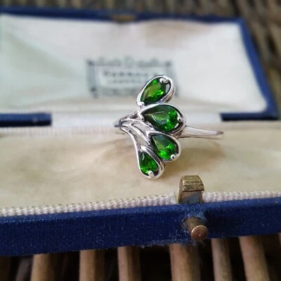 925 Sterling Silver Ring, Natural Green Diopside Gemstones Ring , Size R US 8.5  - Image 1 of 4