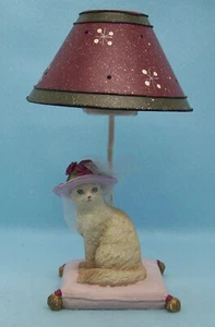White Cat On Pillow Tea Light Candle Holder Metal Lamp Shade Hat Rose Resin 9.5" - Picture 1 of 9