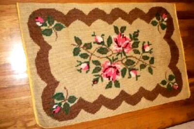 Cottagecore Needlepoint Rug Roses Country Handmade Naive 1930s Antique Vintage - Image 1 of 4