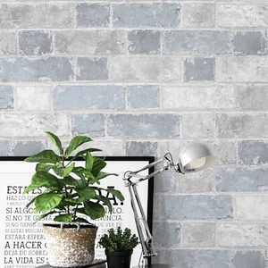 Brick Wall Effect Stone Sky Blue Light Grey Rustic Wallpaper Bedroom Boys Girl - Picture 1 of 7