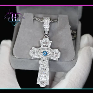 Evil Eye Pendant, Evil Eye Cross Pendant, Iced Out Cross, Diamond Cross Pendant - Picture 1 of 10