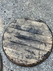 21” w Rough whiskey barrel head, once used, needs work, craft, shelf, display - Picture 1 of 6