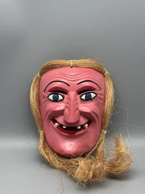 Handcrafted Wooden Mask Pink Witch & Hair Folk Art Decor Collectible Vintage - Image 1 of 4