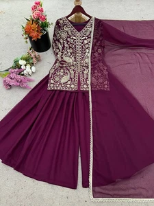 New Launch Faux Georgette Top And Sharara With Dupatta For Functional Wear - Picture 1 of 12