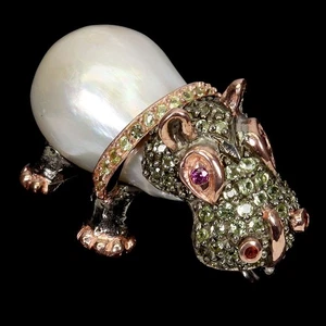 925 Sterling Silver Pendant Round Peridot Rhodolite Pearl Gemstone Hippo Jewelry - Picture 1 of 14