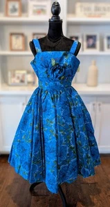 Vintage 1950's Fit & Flare Party Dress Blue Floral Flower Size Small Tulle NWT - Picture 1 of 9