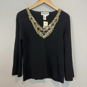 Joseph A Black V neck Sweater Size XL Beaded Gold Sequin Trim 3/4 Sleeves NWT - Picture 1 of 8