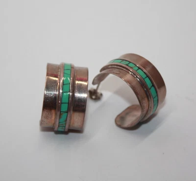 De colección. Pendientes de aro con incrustaciones de turquesa de plata esterlina Taxco Southwestern [115GRA] Foto 1 de 4