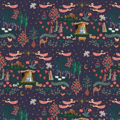 NUEVO Belén Rifle Paper Company Holiday Classics en tela de algodón metálico azul marino Foto 1 de 3