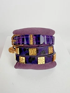 Rustikale Manschette Kalbsleder Wickelarmband Lila Cheeta & Lila Stretch - Bild 1 von 18