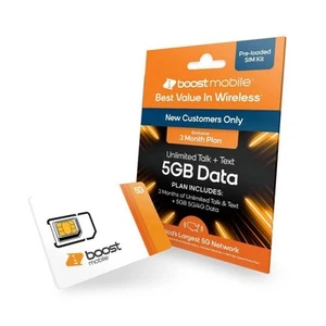 Boost Mobile 3 Mo. Plan Unlimited Talk & Text + 5GB of 5G/4G Data SIM Card Kit - Photo 1 sur 2