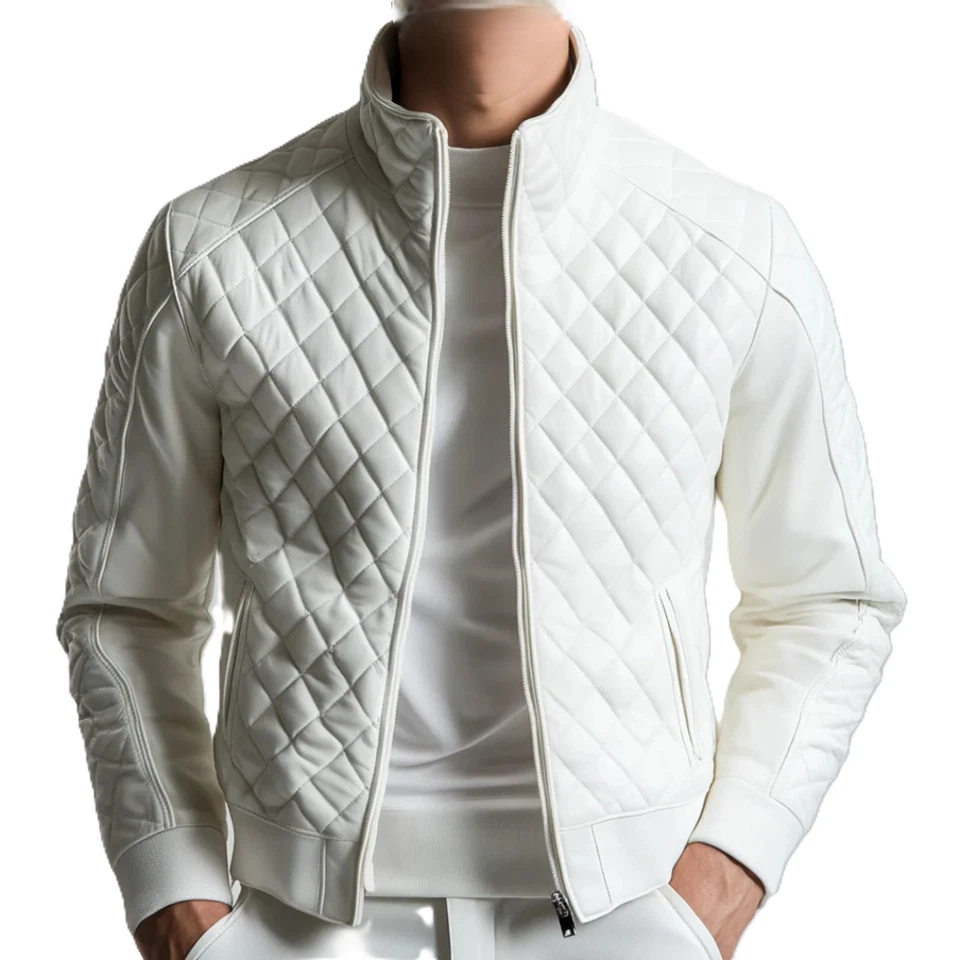 Men's Real Lambskin Leather White Flight Bomber Jacket Quilted Style Biker Coat - Image 1 of 4