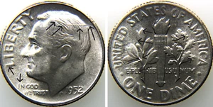 1952 Roosevelt Silver Dime - Spiked head, Abraded Die & Die Chip - Errors - Picture 1 of 7