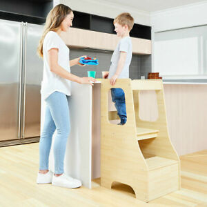 Children's Kitchen Helper Stand up Stool with Safety Bar -  Brown (Natural) R1..