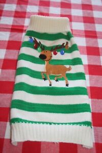 NEW ADORABLE CASUAL CANINE IVORY & GREEN STRIPE WT REINDEER  DOGGIE SWEATER SZ M