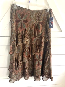Nwt Chaps Brown Paisley midi length double asymmetric ruffle pull on skirt sz M - Picture 1 of 4