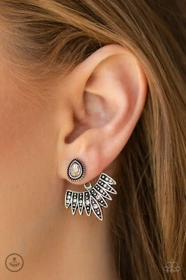 Paparazzi Earrings- Wing Fling - White Rhinestones- Feather Peak a boo- Jacket - Image 1 of 2