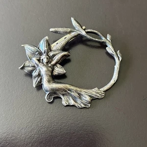 Upcycled Fairy Brooch Silver Tone Art Nouveau Style Woodland Nymph Fantasy Pin - Picture 1 of 8