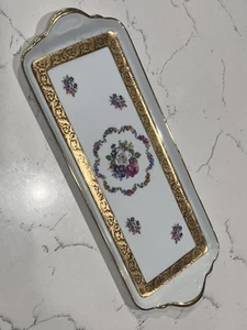 THARAUD LIMOGES Appetizer Dessert Tray Dish Platter - Gold Trim ~ Floral Pattern - Picture 1 of 10
