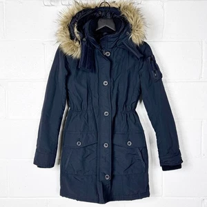 Abercrombie and Fitch Vintage Y2K Parka Womens Small Navy Faux Fur Hood - Picture 1 of 7