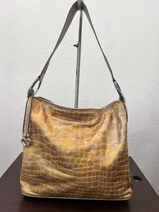 BRIGHTON yellow Croco Embossed Patent Leather Shoulder Ring Shopper Bag Purse - Picture 1 of 12