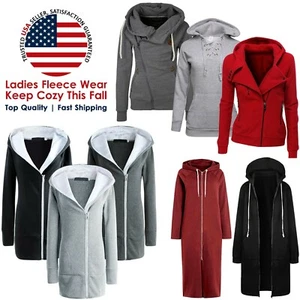 Women Ladies Casual Full Long Zip up Fleece Hoodie Sweatshirt Tops Hooded Jacket - Picture 1 of 54
