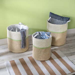 Paper Straw Set of 3 Nesting Storage Baskets with Handles, Natural/Green