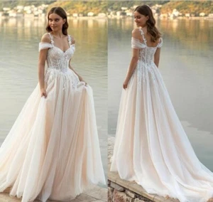 Wedding Lace Dresses Strapless Sleeveless Spaghetti Strap Appliques A Line Train - Picture 1 of 20